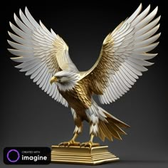 a golden and white eagle statue sitting on top of a gold base with its wings spread