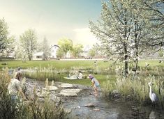 an artist's rendering of people playing in the water at a park with ducks and swans