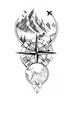 a black and white drawing of a compass with mountains in the background