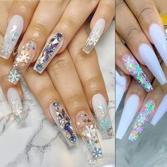 Glitter Winter Nails, Nail Flakes, Nail Decals Diy, Best Press On Nails, Nail Sequins, Snowflake Nail Art, Acrylic Nail Powder, Style Nails, Lovely Nails