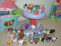 a bunch of littlest pet toys sitting on the floor in front of a toy carousel