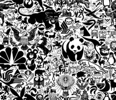 an abstract black and white background with many different types of cartoon animals, birds and other things