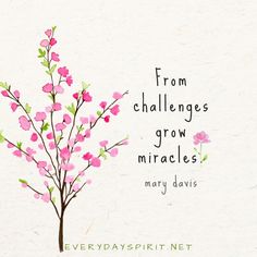 a pink flower with green leaves and the words from challenges grow miracless on it