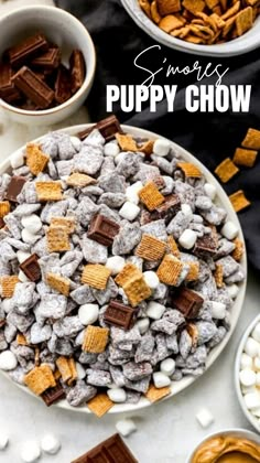 a bowl filled with marshmallow puppy chow next to other bowls full of dog treats