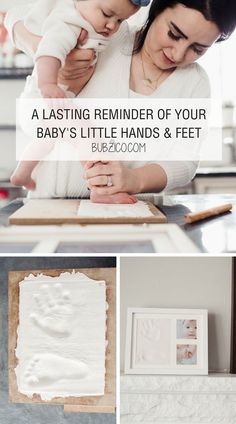 a woman holding a baby in her arms while she is working on something with the words,