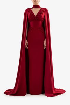 Jersey dress with a flowing cape – HERTROVE Dresses With Capes, Gown With Cape, Marchesa Couture, Saiid Kobeisy, Burgundy Evening Dress, Gathered Top, Dress With Cape, Mnm Couture, Dress Cape