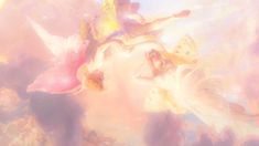 an artistic painting with angels and flowers in the sky