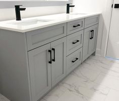 Bathroom Vanity And Floor Ideas, Bathroom Vanity 50 Inch, Bathroom Grey Cabinets, Light Gray Bathroom Vanity Black Hardware, Gray Vanity Bathroom Ideas Tile, Painted Bathroom Cabinets With Black Hardware, Grey Vanity With Black Hardware, Light Grey Vanity With Black Hardware, 5 Ft Vanity Bathroom