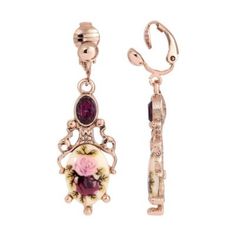 Show your love for vintage jewelry with these beautiful Manor House floral clip earrings. | 1928 Jewelry Rose Gold-Tone Purple Crystal Flower Clip Earrings Flower Stone, Rose Purple, 1928 Jewelry, Pink And Purple Flowers, Purple Crystal, Fashion Jewelry Earrings, Purple Stones, Flower Clip, Purple Crystals