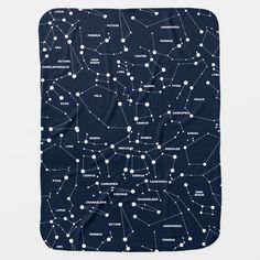 a blue blanket with white stars and the names of constellations on it's side