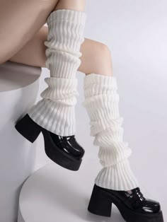 1 Pair White Knitted Leg Warmer, Spring/Autumn High Leg Warmers With Flare Cuff For Women White    Fabric Plain    Women Socks & Hosiery, size features are:Bust: ,Length: ,Sleeve Length: White Leg Warmers Aesthetic, Gothic Leg Warmers, Big Leg Warmers, Aesthetic Legwarmers, Christmas Fit Ideas, White Legwarmers, Leg Warmers White, Crochet Boot Socks, White Leg Warmers