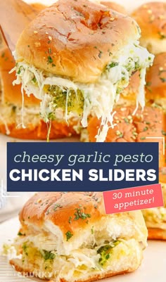 the chicken sliders are made with cheesy garlic pesto and shredded cheese