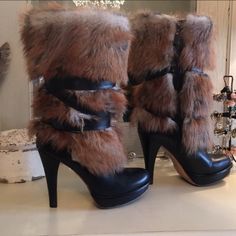 Reposhing This Item I Purchased From @Omi_ashe. Never Wore Them. Big Heels Are Uncomfortable For Me. Fur Boots Heels, Shoes Uggs, Clothing Board, Fur Ankle Boots, Clothing Sites, Boots Heels, Fur Boots, Pretty Shoes, Dark Anime