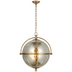 an antique globe light hanging from a chain