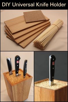 several different types of knives in a wooden holder with text overlay that says diy universal knife holder