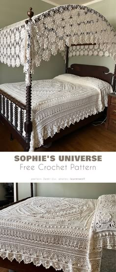 an old crocheted bed frame is shown with the cover pulled down and the bottom made up