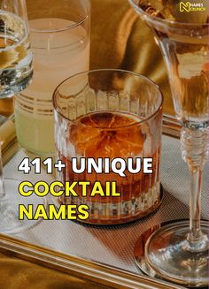 Elevate your mixology game with our list of unique cocktail names that blend creativity and humor! Perfect for theme parties or just spicing up your bar menu, these cool, funny, and creative drink name ideas are sure to stir up interest and conversation. Get inspired and craft your signature cocktail today! Cocktail Station Bar Party Drinks, Retirement Drink Names, Drink Names Creative Birthday, Retirement Cocktail Names, Interesting Cocktail Recipes, Cocktail Names Creative, Cocktail Ideas Creative, 60th Birthday Cocktail Names, Fun Cocktail Names