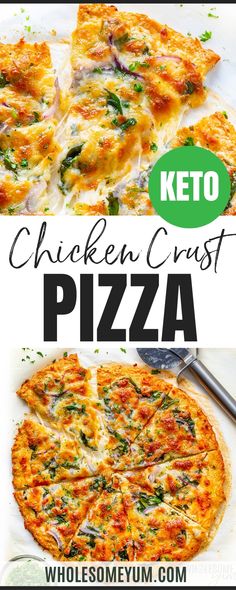 chicken crust pizza with cheese and spinach on the top is shown in two different pictures