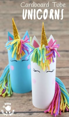 two unicorns made out of toilet paper with the words cardboard tube unicorns