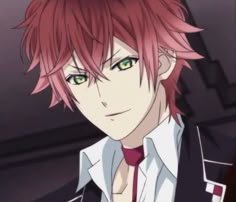 an anime character with red hair and green eyes