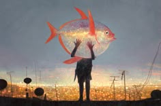 a painting of a person holding a fish in the air