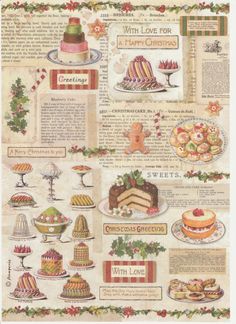 an old fashioned christmas card with many different cakes and desserts on the front page