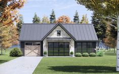 this is a computer rendering of a house in the country style with garages and large windows