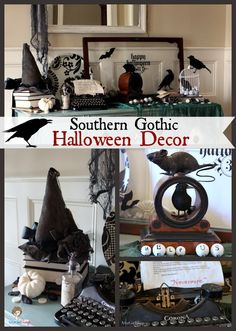 halloween decor with black and white items on the table, including an old typewriter