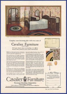 an advertisement for the cavalier furniture company, featuring a bed and dressers