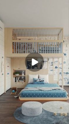 a bedroom with a bunk bed next to a white wall and blue rug on the floor