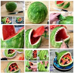 watermelon carved into a shark's mouth with its teeth wide open to eat fruit