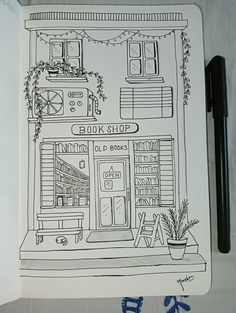 a drawing of a book shop with books on the front and shelves below it, next to a pen