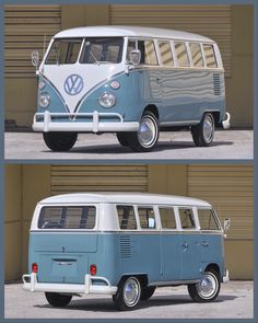 an old vw bus is parked in front of a garage door and another van