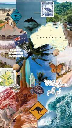 australia collage with images of the country's coastlines and seagulls