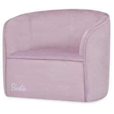 a pink chair with the name barbie on it