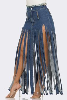 This skirt is a sartorial ode to bohemian aesthetics, combining classic denim with a dramatic fringe design to create a piece that moves with a life of its own. The fringe detailing is meticulously crafted from varying shades of denim, creating a dynamic, textured appearance that cascades down the length of the skirt. With its high-waisted silhouette and frayed waistband, the skirt invites a free-spirited vibe that's both casual and eye-catching. It's a statement piece for those who dare to wear Custom Skirt Denim, Rag Skirt, Denim Diy Clothes, Fringe Clothing, Denim Wedding, Upcycle Clothes Diy, Denim Ideas, Denim Crafts, Denim Diy