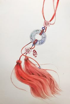 a drawing of a woman's head with red hair and beads hanging from it