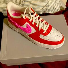 Nike Size 6y (7.5 Women’s) Brand New Condition With Box Casual Pink Sneakers With Red Sole, Custom Nike Pink Sneakers With Branded Insole, Pink Nike Air Force 1 With Round Toe, Sporty Custom Pink Sneakers With Contrast Sole, Pink Sporty Custom Sneakers With Contrast Sole, Custom Sneakers With Red Sole For Sports, Nike Air Force 1 Pink With Round Toe, Pink Sneakers With Red Sole For Streetwear, Pink Custom Sneakers For Sports With Branded Heel