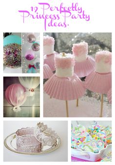 there is a collage of pictures with pink and white items on it, including cake, cupcakes, balloons, and other decorations