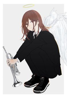 an anime character sitting on the ground with a trumpet in his hand and angel wings behind him