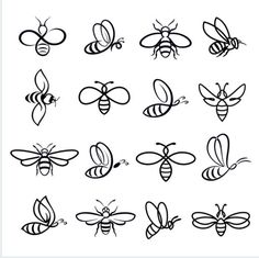 a set of hand drawn honeybees in different shapes and sizes on white background