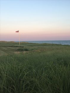 the flag is flying high in the sky over the water and grass by the beach