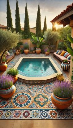 an outdoor swimming pool surrounded by potted plants