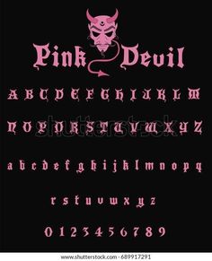 pink devil font and numbers on a black background with the letters written in gothic style