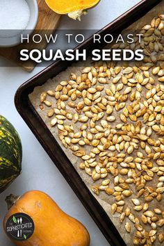 how to roast squash seeds on a baking sheet with pumpkins and squash in the background