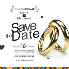 two gold wedding rings on top of each other with the words save the date in black and white