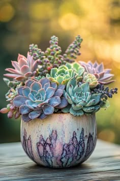 a potted plant with succulents in it sitting on a wooden table