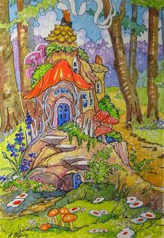 a drawing of a house in the woods with mushrooms and flowers on it's roof