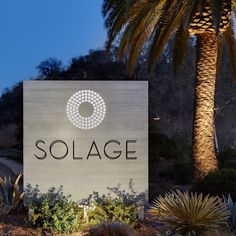 a large sign that reads solage in front of some palm trees and bushes at night