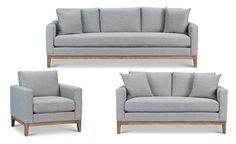 three different couches and one chair are shown in this image with the same color